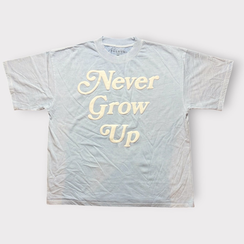 PacSun Never Grow Up Puffy Print Graphic T-Shirt Light Powder Blue Mens Large